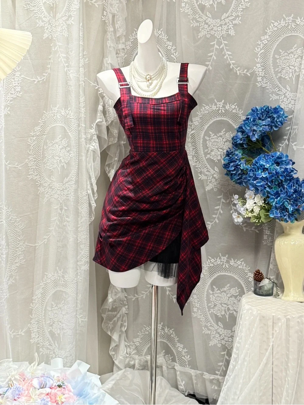 Red Black Plaid Asymmetric Mini Dress